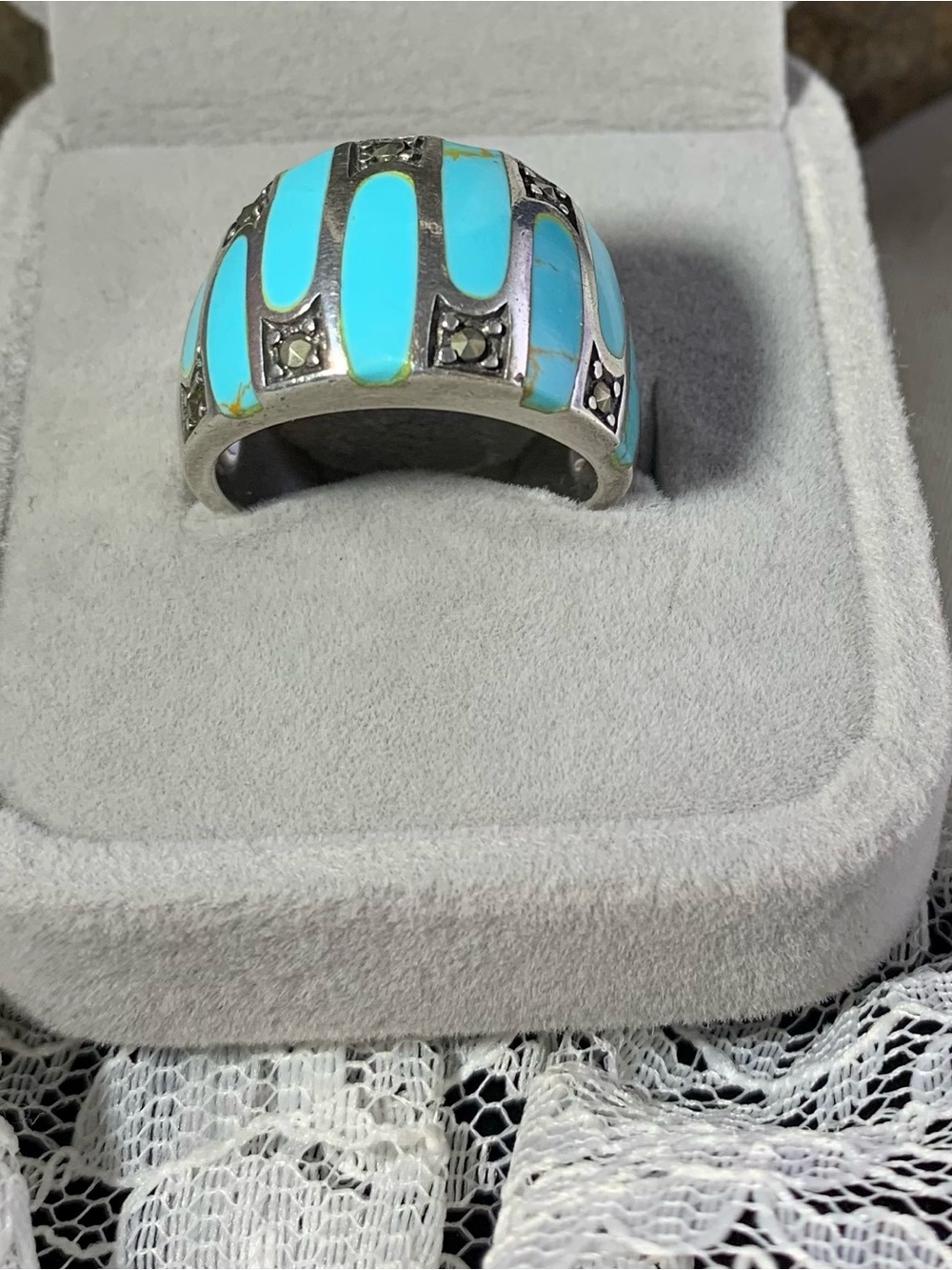 Turquoise Inlay Dome Ring with Marcasite Sterling Silver size 9.